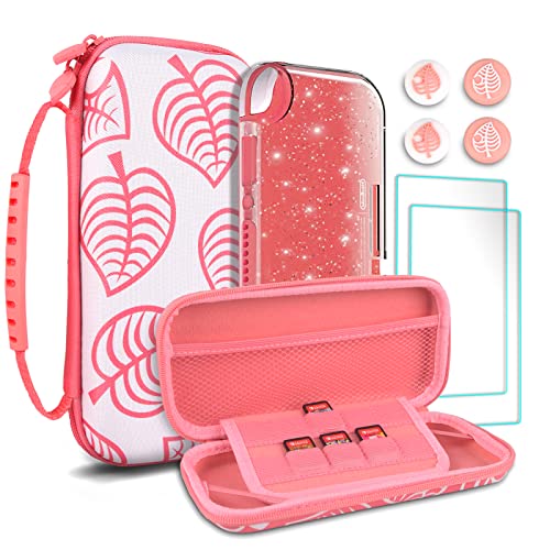 TIKOdirect Carrying Case for Nintendo Switch lite, Shockproof Portable Travel Bag with Glitter Galaxy cover, Screen Protectors and Cute Leaf Thumb Grips Caps, Animal Crossing Pink