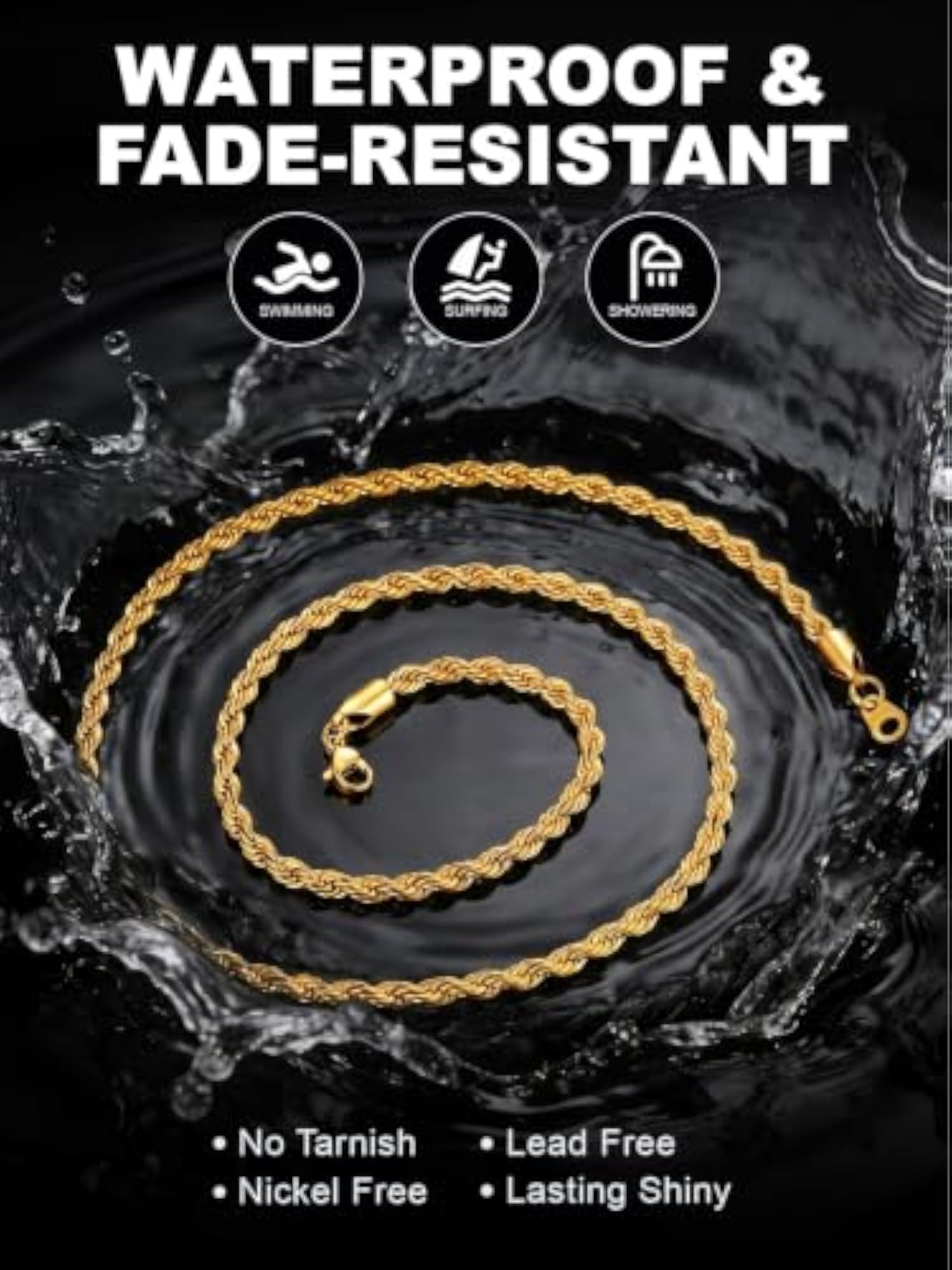 Men's Twisted Rope Chain Necklace, 18K Gold Plated