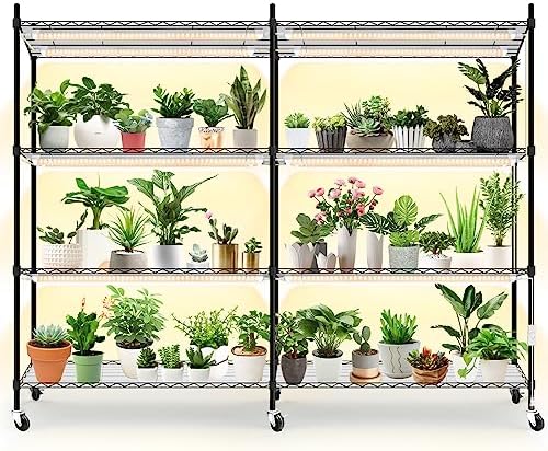 Bstrip Plant Shelf with Grow Light, 4-Tier Large Grow Light Shelf with Adjustable Rack and Wheels, Stainless Steel, 12-Pack 288W T8 Full Spectrum Grow Lights for Seed Starting, Growing, Flowering