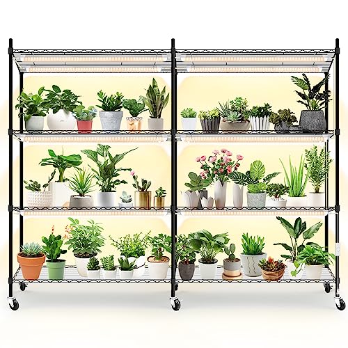 Plant Shelf with Grow Light, 4-Tier Large Grow Light Shelf with Wheels, Stainless Steel, 12-Pack 288W T8 Full Spectrum Grow Lights for Seed Starting(57.4" L x 13.8" W x 59" H)