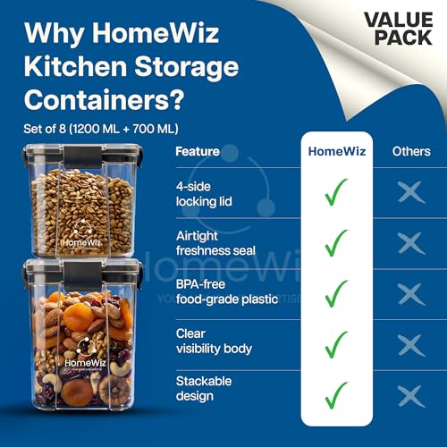 Image of HomeWiz Airtight Kitchen Storage Box Pack of 8 | 1200ml x4 & 700ml x4 | Containers For Kitchen Storage Set |Food Grade BPA-Free Kitchen Containers Set With 2 Side Clip-Lock|Stackable - Pantry & Fridge