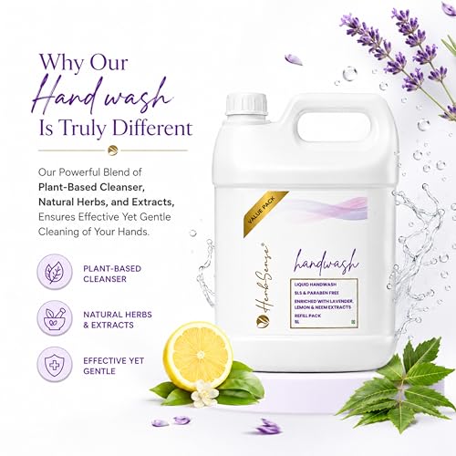 Image of Herbsense Liquid Handwash 5L | No Aritificial Fragrance & Color | Enriched With Coconut Based Cleansers | Lavender, Neem & Lemon Extract | SLS & Paraben Free Herbal Handwash | 5 Litre Refill Pack