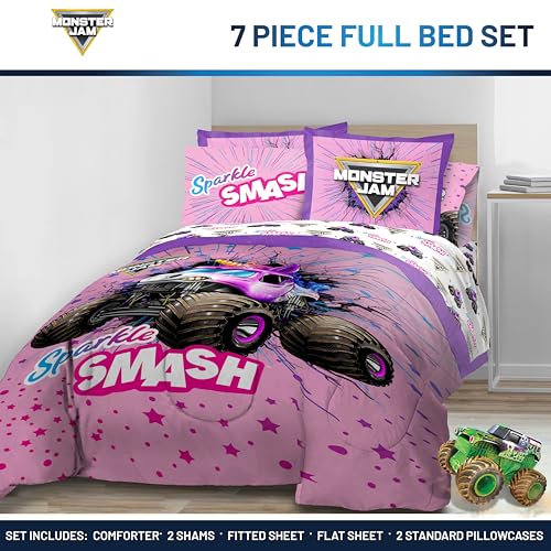 Image of Monster Jam Full Comforter Set 7 Piece Kids Bedding for Girls, Pink | Sparkle Smash, Bed in a Bag, Comforter Sheets Shams Pillowcases, Soft Microfiber, Machine Washable, Girls Gift