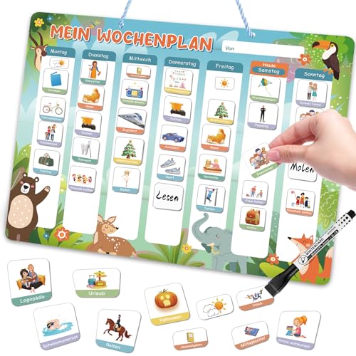 Wochenplaner Kinder, Magnettafel Kinder Wochenplaner Inkl. 220 Magnete, 1 Stift Abwischbar & Kordel, Tagesplaner Kinder Routine Magnete für Kinder ab 3 Jahre