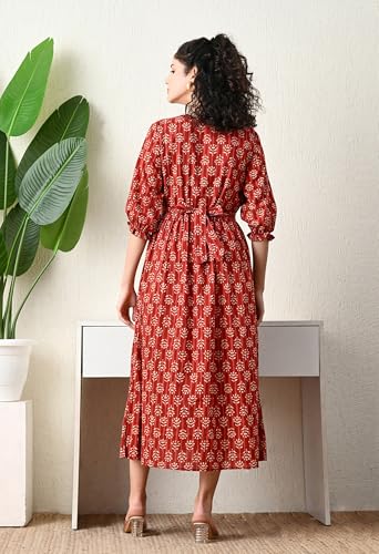 Image of Ichaa Women's Blue Cotton Printed Maternity Dress with Feeding Zips and Pocket| in Plus Sizes