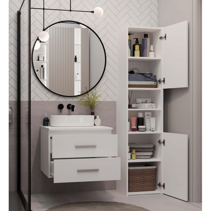 CDF Armario colgante debajo de la encimera, mueble de baño suspendido con 2 cajones para cosméticos accesorios de baño, frentes lisos con asas, moderno, blanco, 60 cm
