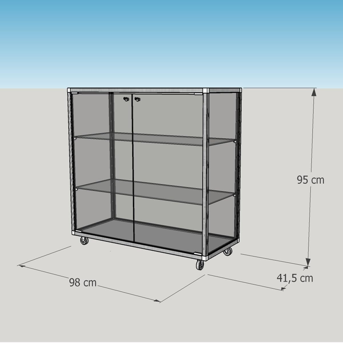 MHN Halbhohe Glasvitrine T 41,5 x B 98 x H 95 cm - breite Thekenvitrine Glas abschließbar - Flache Alu-Glas Verkaufsvitrine - ohne Beleuchtung