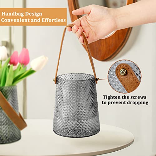 Gray Glass Flower Vase, Handbag Vase With Leather Strap, Modern Large Purse Vase Unique Rhombus Lines(H:5.9" D:3.9") For Centerpieces Dining Table Wedding Living Room Office Decor(1 Gray Vase Only #TOP3