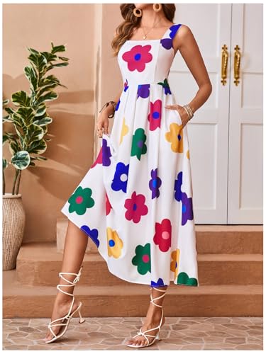 Image of Floerns Women's Flower Print Sleeveless Sundress Square Neck Vacation Long Dress