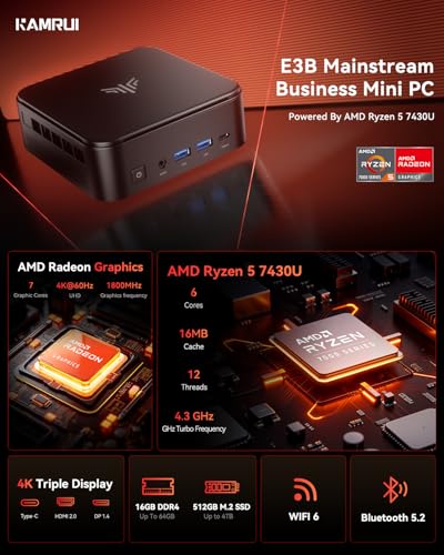 Image of KAMRUI E3B Mini PC, Mini Gaming PC AMD Ryzen 5 7430U 6C /12T, (Beat 5650U,Up to 4.3GHz) Mini Desktop Computer 16GB RAM 512GB SSD，Small Pc Support WiFi 6, BT5.2, Triple Display for Office Home