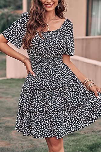 Image of PRETTYGARDEN Women's Summer Floral Ruffle Short Dress | Short Sleeve Square Neck, Flowy Tiered Hem, Fit and Flare, Flower Boho Dresses, Cute Beach Vacation Outfits, Fashion Clothing