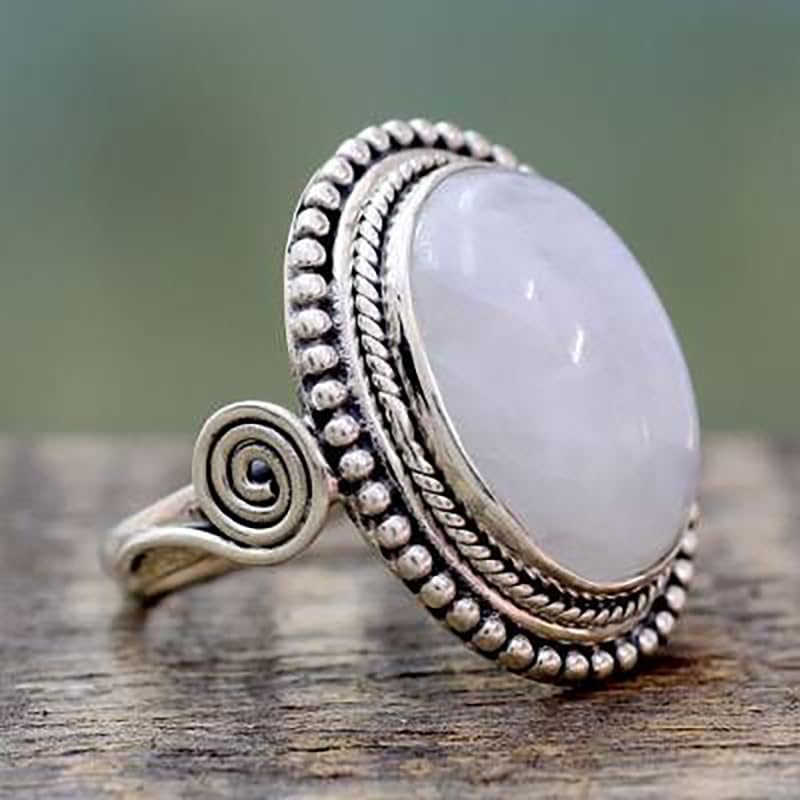 Metmejiao Vintage Moonstone Ring Punk Vintage Moonstone White Gold Plated 925 Sterling Silver Solitaire Ring Retro Vintage Natural Genuine Stone Gem Gemstone Ring 7 - Image 2