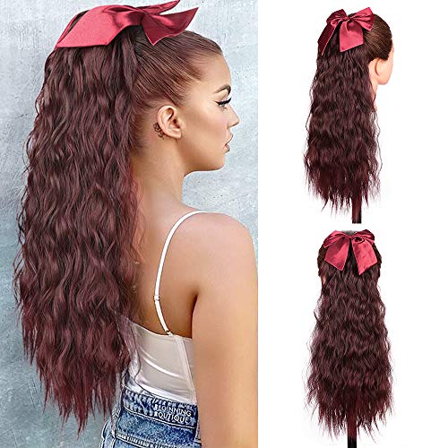 Isaic Bow Ponytail Long Corn Wavy Ponytail Extension Wrap Around Ponytail with Bowknot for Women Girls Synthetic Curly Clip in Hairpiece Heat Resistant 20 Inch (T2/99J)