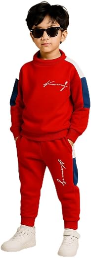 Kids Sporty Tracksuit Set with Colour Block Design, White with Red and Blue Stripes, Casual Sweatshirt and Joggers
