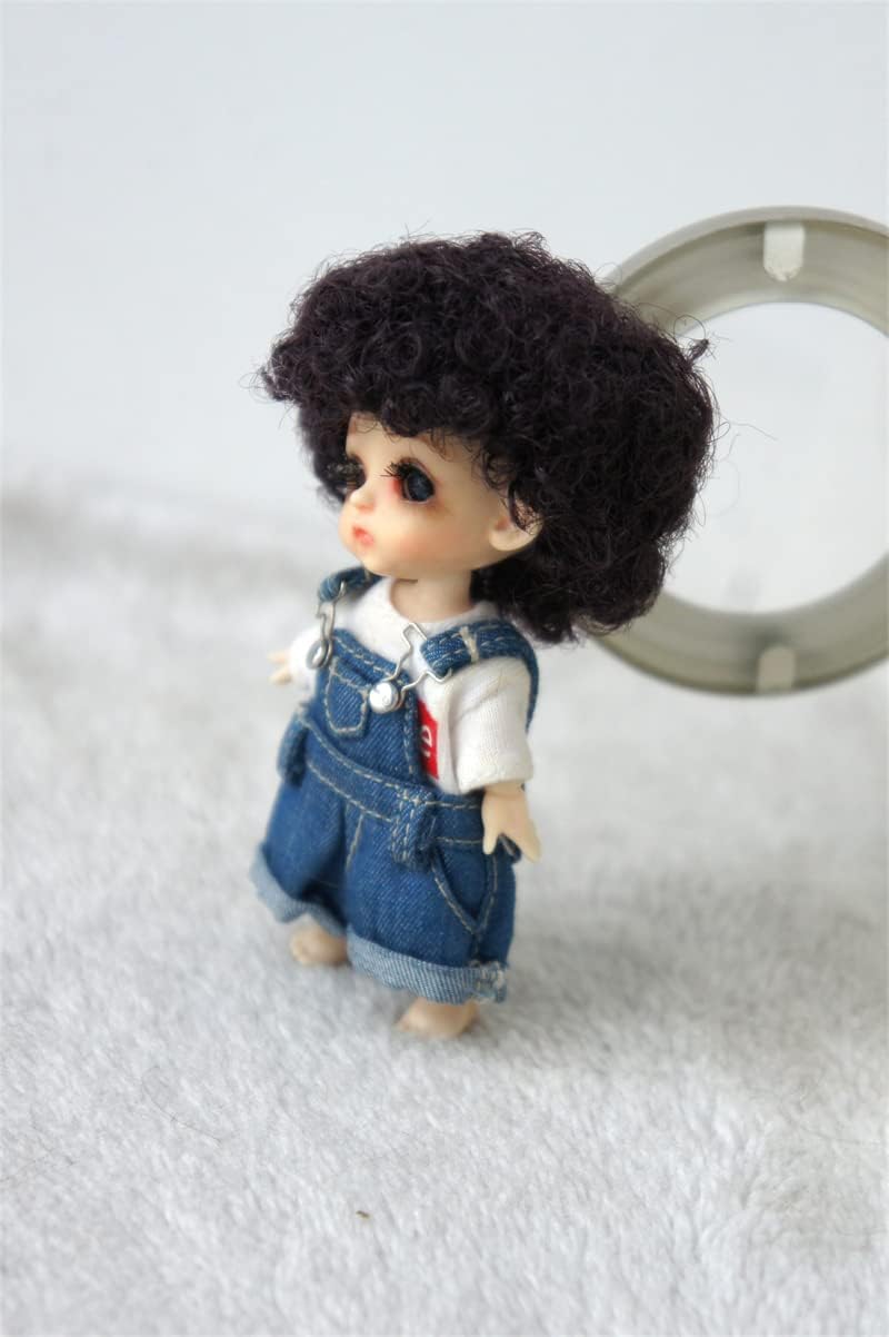 Tiny Doll Wigs JD713 3-4inch 9-10CM Short Afro Tight Curly Synthetic Mohair Lati White BJD Hair (Nature Black SM155)