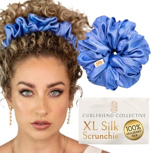 Image of Silk Scrunchies for Women Ponytail Holders - Oversized Mulberry Silk Scrunchies - Extra Large No Damage Hair Ties for Curly, Thick, and Thin - Hair Accessories for Women - Cerulean, XL By Curlfriend