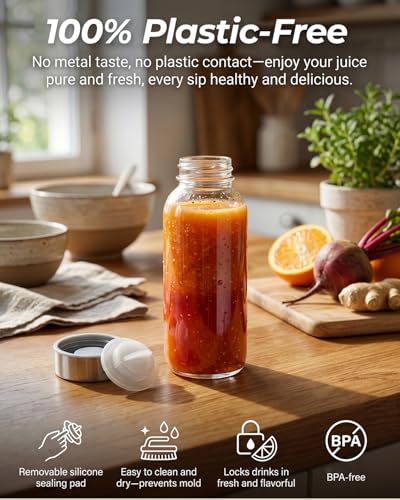 Image of Zukro Glass Water Bottles with Lids 12 oz, Reusable Clear Juice Bottles With Stainless Steel Airtight Cap for Juicing, 100% Leak Proof Juice Drinking Jar for Smoothie, Milk, BPA Free, Set of 4