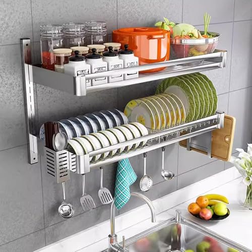 Escurreplatos de pared con bandeja de goteo extraíble, acero inoxidable, plegable, con portavasos y estantes para cuencos, escurridor de platos de cocina