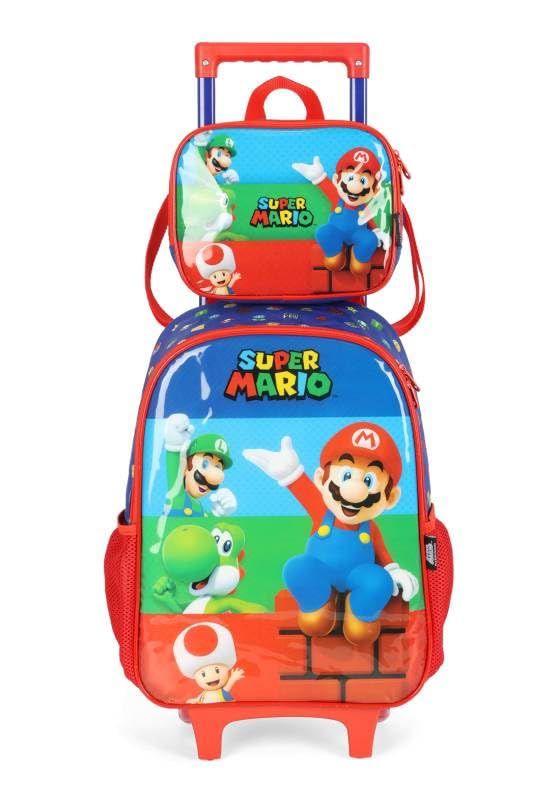 Mochila de Rodinhas Escolar Infantil Luxcel Super Mario - Azul e Vermelho