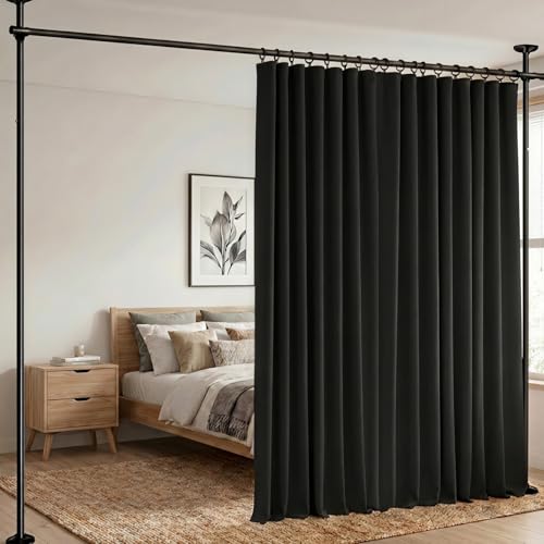 Image of hoeflife Room Divider Curtains Blackout Floor to Ceiling Curtain with Hook Wall Mount Sliding Door Curtains Ceiling Mount Extra Wide Curtain Wall Divider for Room Separation (Black, W100 x H120 Inch)