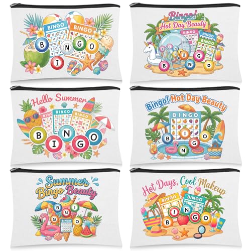 Shinylin 6 Pcs Bingo Cosmetic Bag Gifts for Women Funny Makeup Bag Zippered Travel Pouch for Bingo Night Lovers Women Player Prizes Grandma Mom Friends Stuff Accessories(Summer Vacation Style)