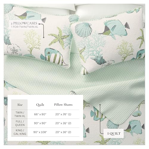 Full / Queen Coastal Quilt Bedding Set, Summer Coastal Quilt with Shams, Beach 3-Piece Reversible All Season Bedspread Quilt Set. Lightweight Nautical Quilted Coverlet. Seaside Collection, Blue Fish - Image 5