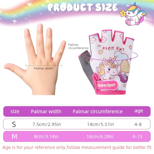 Image of PROBEROS Fingerless Riding Gloves for Kids Teen Girls Unicorn Skating Anti-Slip Padded Palm Design Breathable Sweat-Absorption Outdoor Sport Gloves, Size-L