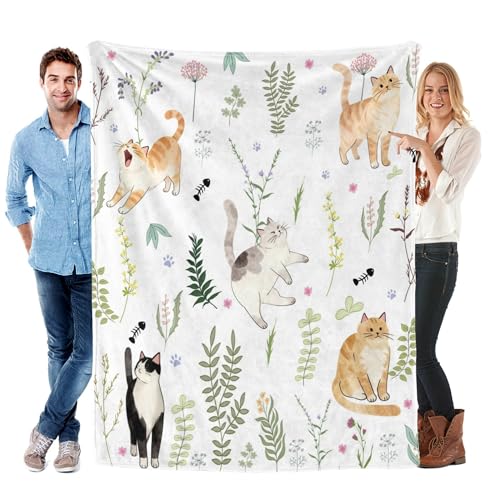 Cat Throw Blanket Ultra Soft, Pet Blanket Floral Cat Lover Gift - Cozy Flannel Plush Blanket Themed with Flowers and Cats, Best Gifts for Women, Girls Who Loves Cats, White, 40"x 50"