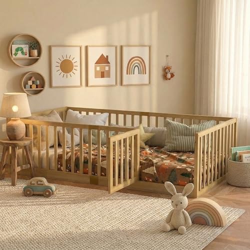 Aurnienofus Twin Montessori Floor Bed Frame with High Rails and Door Wood Twin Floor Bed with Slats Low Profile Kids Bed Frame for Boys Girls No Box Spring Needed Natural