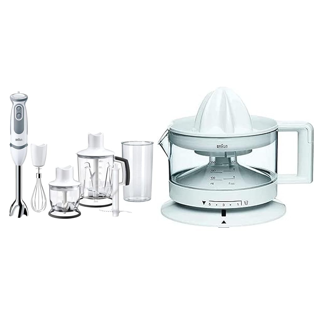 Braun Minipimer 5245 Hand Blender, 1000 W, 21 Speeds, Turbo Function, Anti-Splash & TributeCollection CJ3000 WH – Electric Juicer, 20 W, 350 ml, Adjustable Pulp Quantity