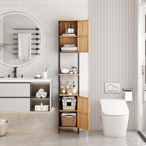 Sanless Colonne Rangement Salle de Bain/Meuble de WC - Gain de Place, Noir et Bois Clair – Structure MDF + Bambou Véritable – Finition Bois Naturel –...