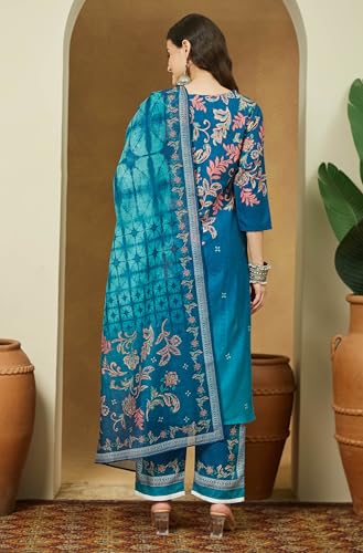 Image of Janasya Women's Cotton Blend Floral Printed Straight Kurta Set