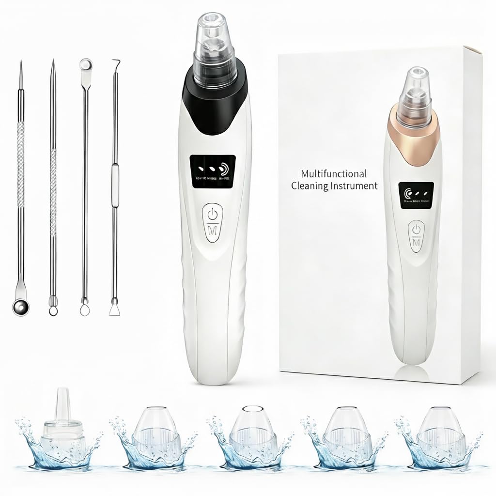 Kit per la rimozione dei punti neri per il viso, 9 in 1, con 5 sonde e 4 strumenti per estrarre brufoli, aspiratore per naso e pori del viso, strumento professionale di aspirazione per punti neri, per