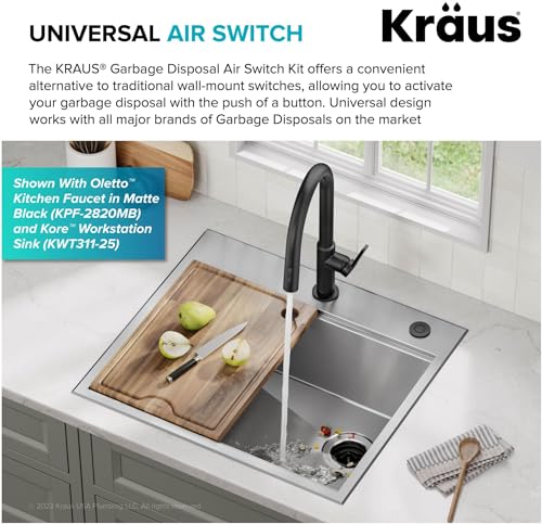 Image of KRAUS Garbage Disposal Air Switch Kit with 2 Flat-Top Push Buttons in Spot-Free Stainless Steel and Matte Black, AC Adapter, Power Cord, and Air Tube Included, KWDA-200MB