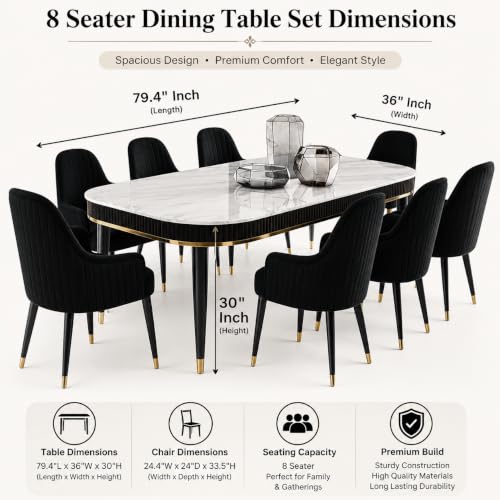 Image of The Homeartz 8-Seater Modern Wooden Dining Table Set | 1 Year Warranty | Created Italian Statuario Marble Top | Elegant Composite Marble Table with 8 Chairs (Black)