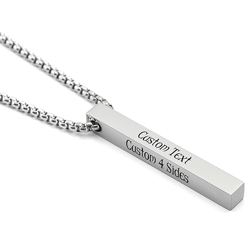 Personalized 3D Bar Vertical Pendant Necklace - Custom 4 Sided Name Text Necklace E...