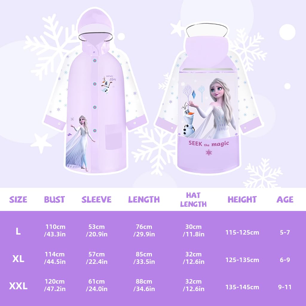 PALAY® Rain Coat for Kids Frozen Poncho Raincoat for Kids 5-7 Years Girls Boys With Pockets Wide Brim Hooded Poncho Safe School Bag Rain Cover Frozen Elsa print Recommend Height (L)