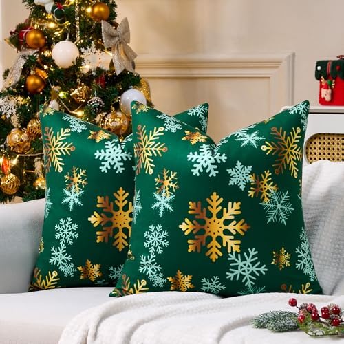 Christmas Snowflake Pillow Covers Green Merry Christmas Throw Pillow Covers Set of 2 Xmas Decorations 18x18 Winter Holiday Decor Couch Pillow Cases Soft Throw Pillow Cases for Sofa Living Room