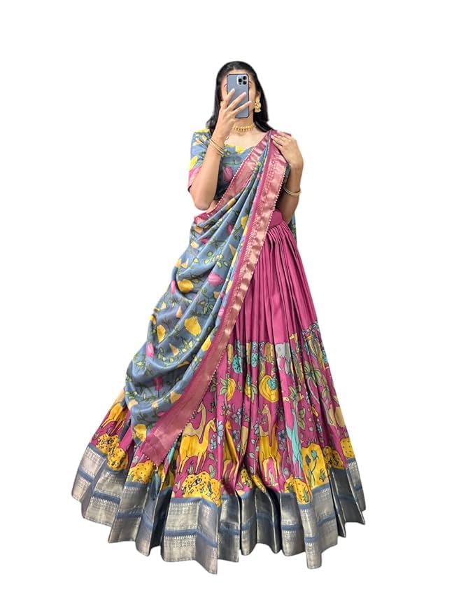 Women’s Trending Designeer Tussar Silk Lehenga Choli Print with Foil Work With Unstitched Blouse Patola Print Adorned with Foil Work For Navrati || Wedding
