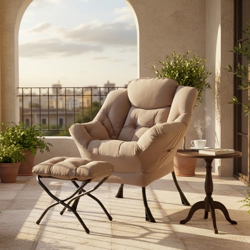 Image of Tiita Lazy Chair with Ottoman, Khaki Modern Large Accent Chair, Comfy Leisure Sofa Armchair with Ottoman, Reading Chair with Footrest for Bedroom, Living Room, Dorm Rooms, Velvet Khaki