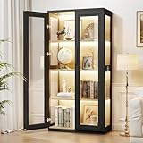 BROTTAR Curio Cabinet with Glass Doors, Bookcase with 4 Shelves, Display Cabinets for Collectibles, China Cabinet with 3 Color LED Lights and Human Body Sensing, Buffer Hinge, Black