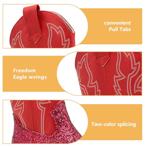 Girls Cowboy Boots Kids Embroidered Square Toe Mid Calf Glitter Western Cowgirl Boot Side Zipper Shoes3