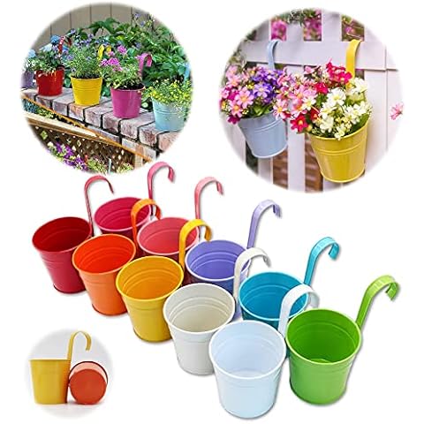 GIOVARA Large Metal Flower Pot Vase Bucket Hanging Garden Planter without Drainage Hole, Balcony Home Decor, Detachable Hook (10 Pcs with Assorted 10 Colours) Cover