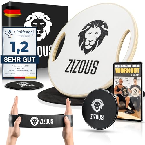 ZIZOUS® Premium Balance Board TESTSIEGER Komplettset - Hochwertiges Wackelbrett inkl. Antirutschmatte 2 Slider und Fitnessband - Gleichgewichtstrainer mit Handgriffen - Balance-Board weiß mit Ebook