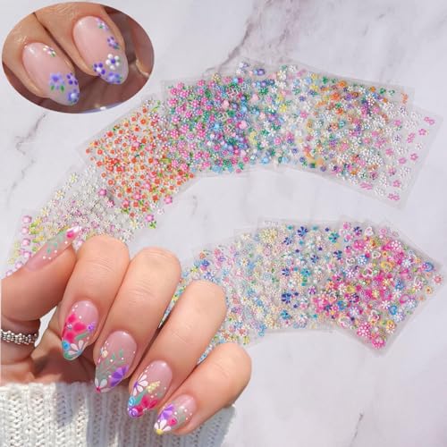 30 Sheets Colorful Flower Nail Art Stickers 3D Self-Adhesive Flower Nail Decals Daisy Bow Stickers with Rhinestones Nail Designs 3D Nail Decals Nail Art Supplies for Nails Decorations