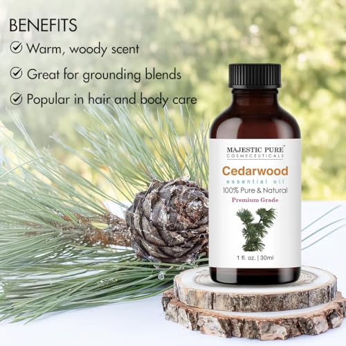 Image of Majestic Pure Cedarwood Essential Oil for Diffuser - 1 Fl Oz | 100% Natural Essentials Oils Ideal for Humidifier, Air Freshening, Cleaning Home, Bath, Steam Inhalation and Massage