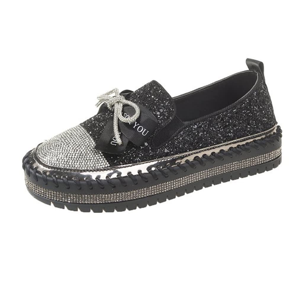 SUGURETA Women's Fashion Rhinestone Slip On Sneakers Casual Comfort Platform Walking Shoes Cute Bowknot Glitter Bling Loafers