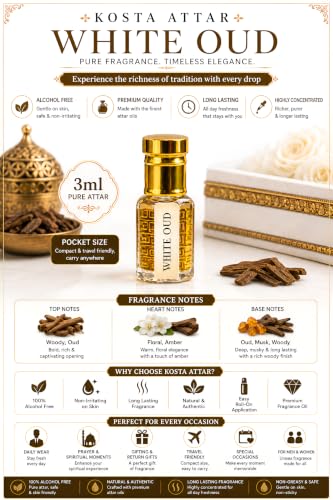 Image of KOSTA White Oud Perfume Oil 3ml | Long Lasting Alcohol-Free Attar for Men & Women | Unisex Arabic Roll-On Fragrance | Pocket Perfume