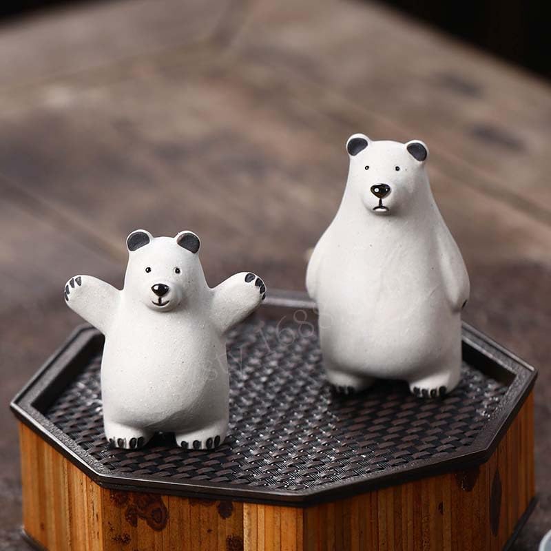 Hormsdar Hand-made Tea Pet Polar Bear Funny Cute Purple Clay Statue Kung Fu Tea Tray Decor Lover's Gift Home Office Desk Feng Shui Ornament (B)