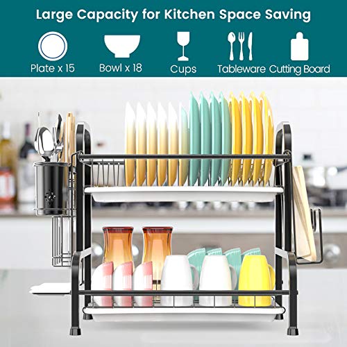 Dish Drying Rack, Cambond 304 Stainless Steel 2 Tier Dish Rack with Drain Board, Utensil Holder, Cutting Board Holder, Rustproof Dish Drainer for Kitchen Countertop, Black - Thumbnail 3